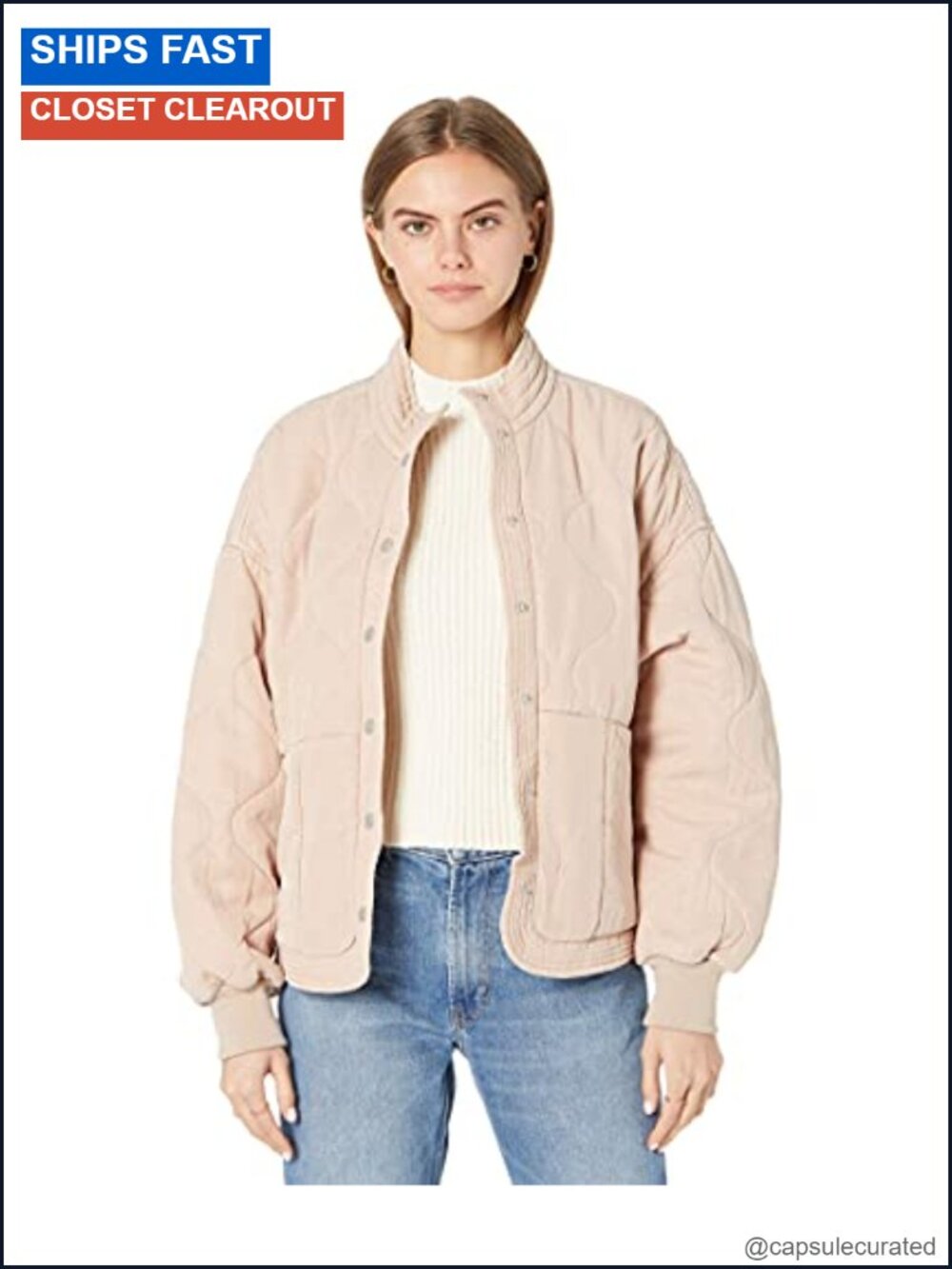 Drop Shoulder Quilted Jacket Tencel Double Zip Loose Fit Band Collar